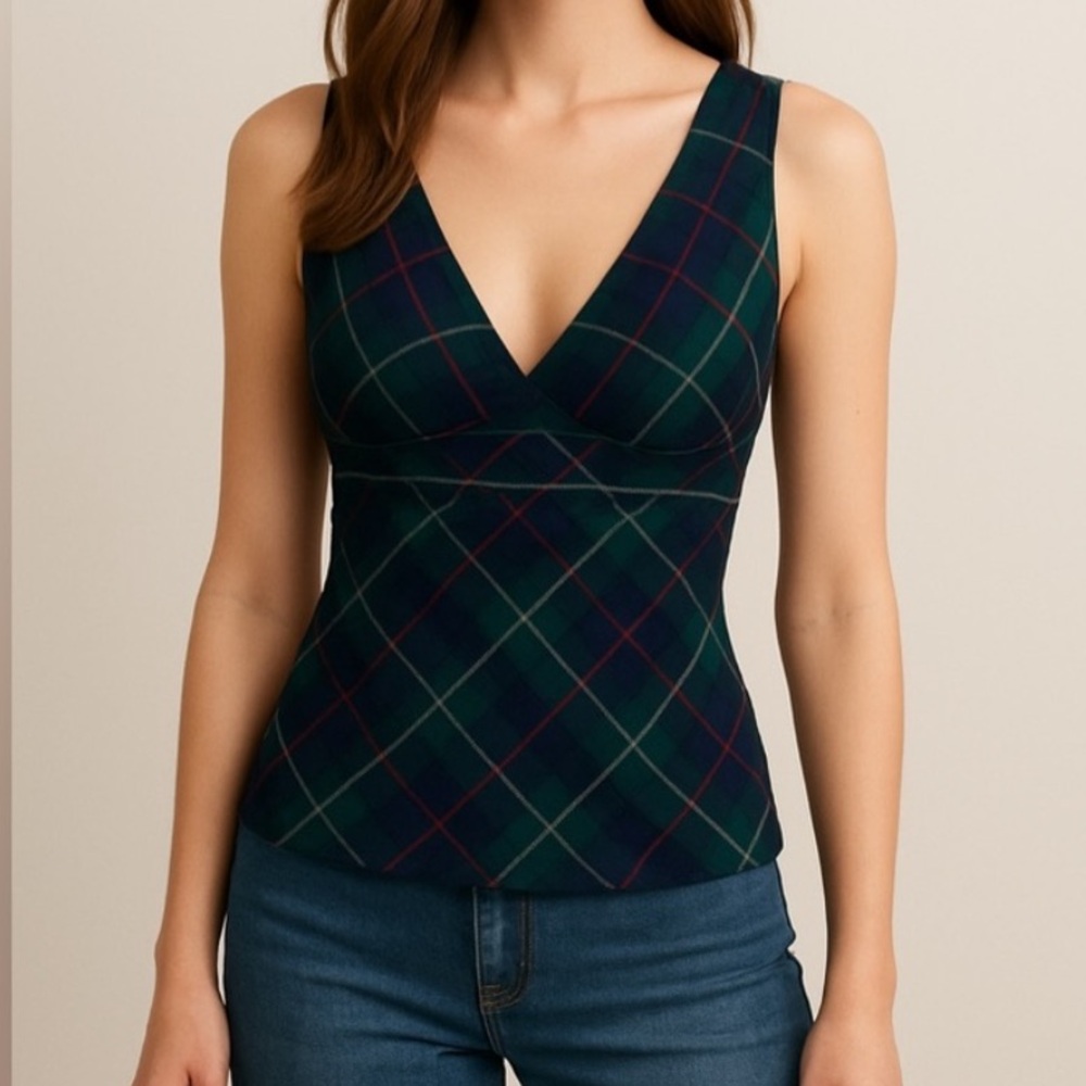Vintage J Crew Green Plaid Top 100% Virgin Wool Size 8